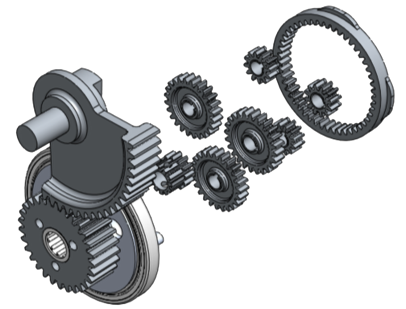Computer-aided design exploded view of a low-ratio compound gear train.