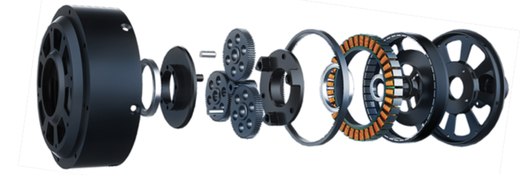 Exploded view of a quasi-direct-drive actuator showing the rotor, stator, and low-ratio gear train.