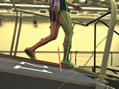 Motion-capture marker trajectories overlaid on a participant walking on the instrumented treadmill.