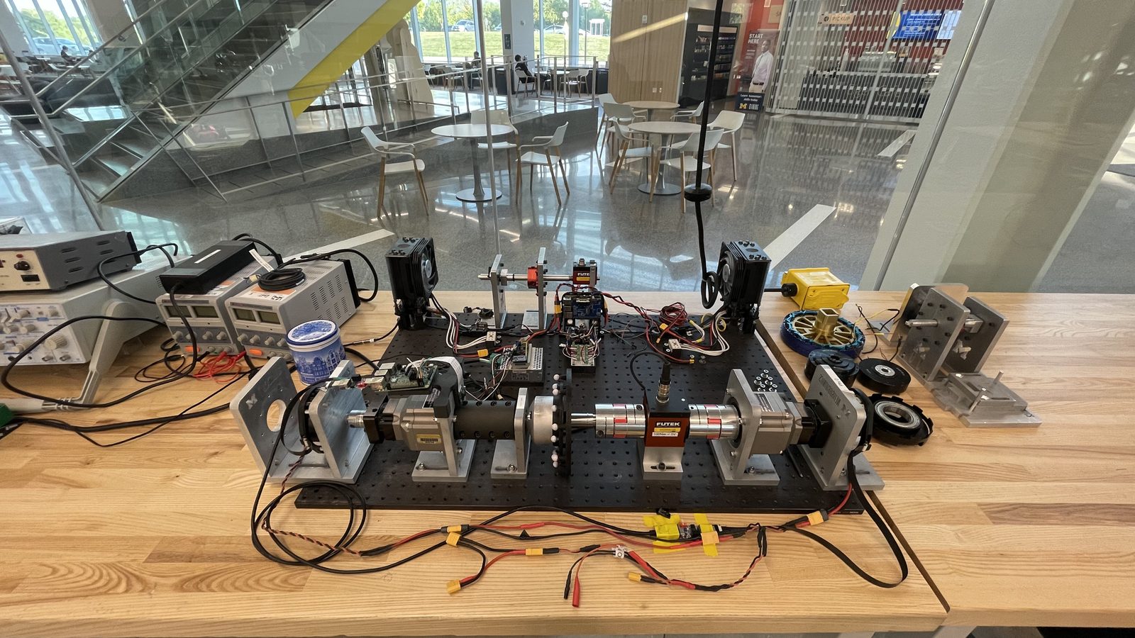 Motor characterization test station with dynamometer hardware and instrumentation.