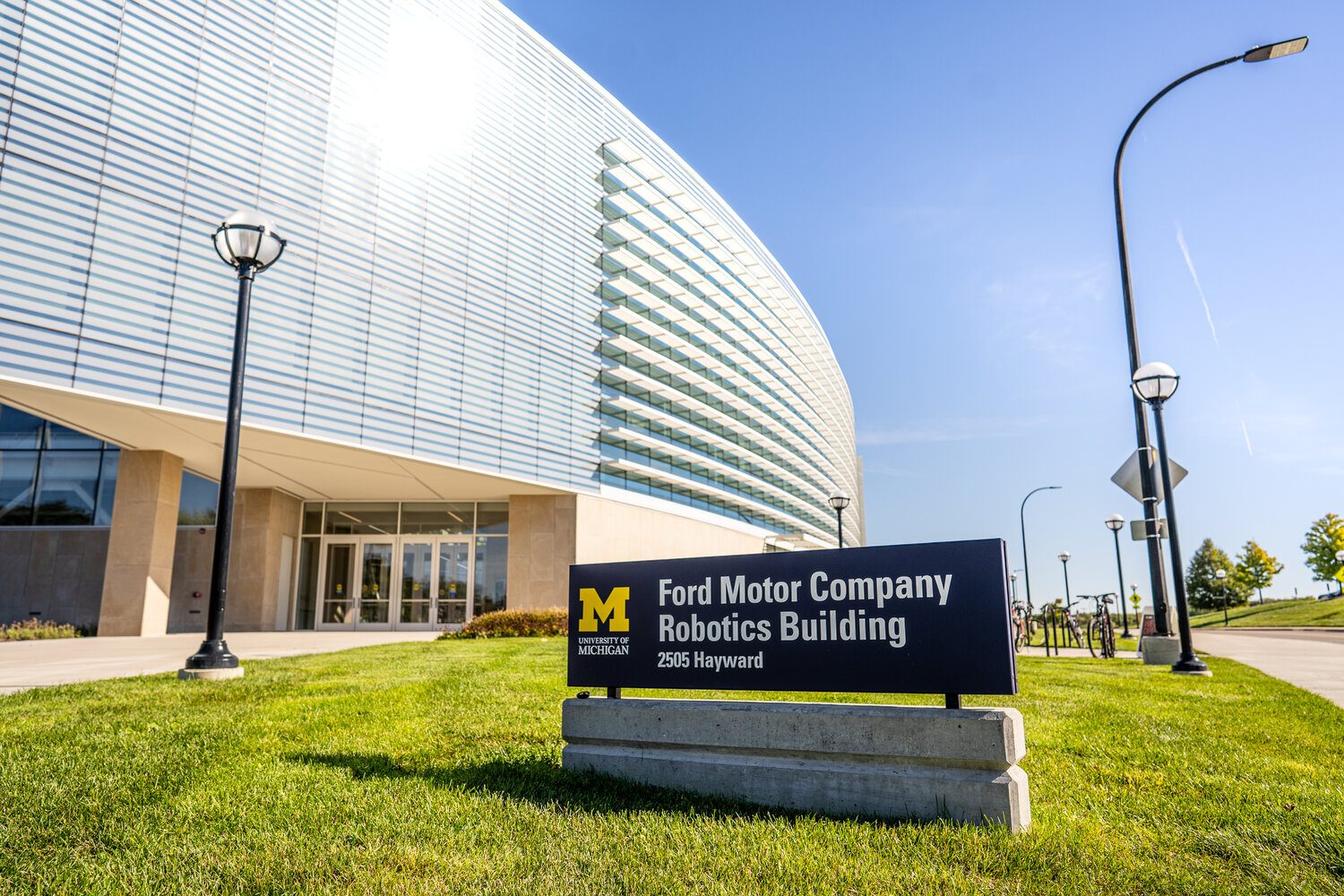 Exterior of the Ford Motor Company Robotics Building at the University of Michigan.